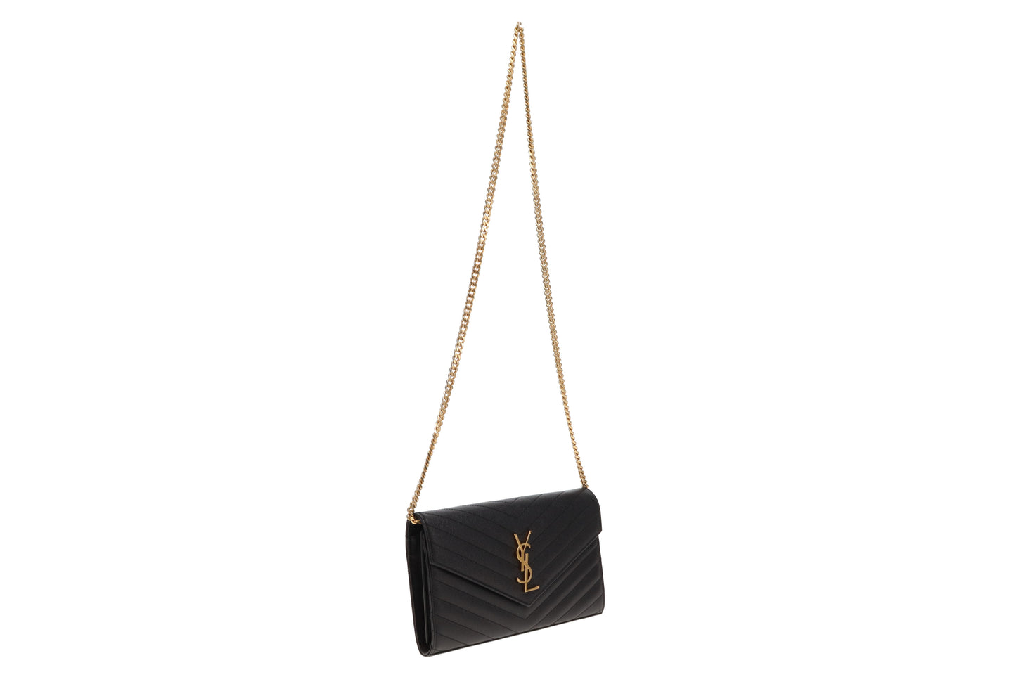 Saint Laurent Envelope Cassandre Chain Wallet In Black Grain De Poudre Leather