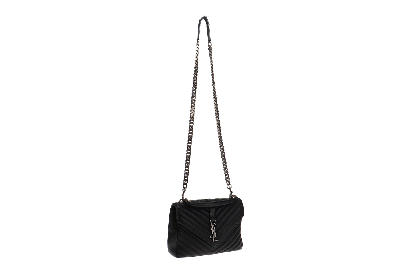 Saint Laurent Black Chevron Leather Medium College Bag 2017