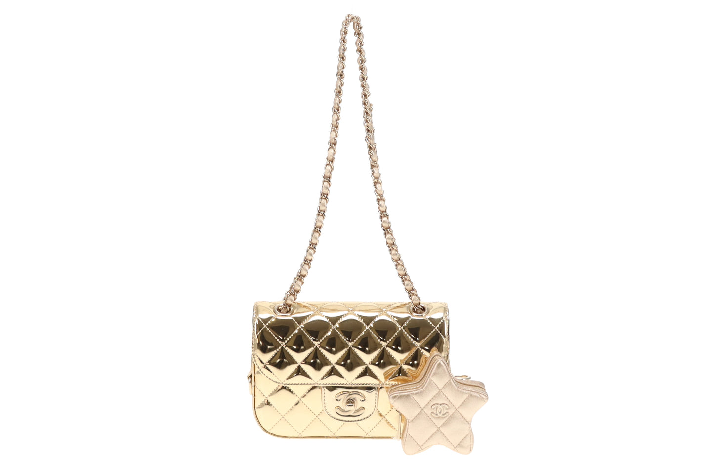 Chanel Mini Flap Bag in Mirrored Calf with Star Coin Purse in Metallic Calf 2024