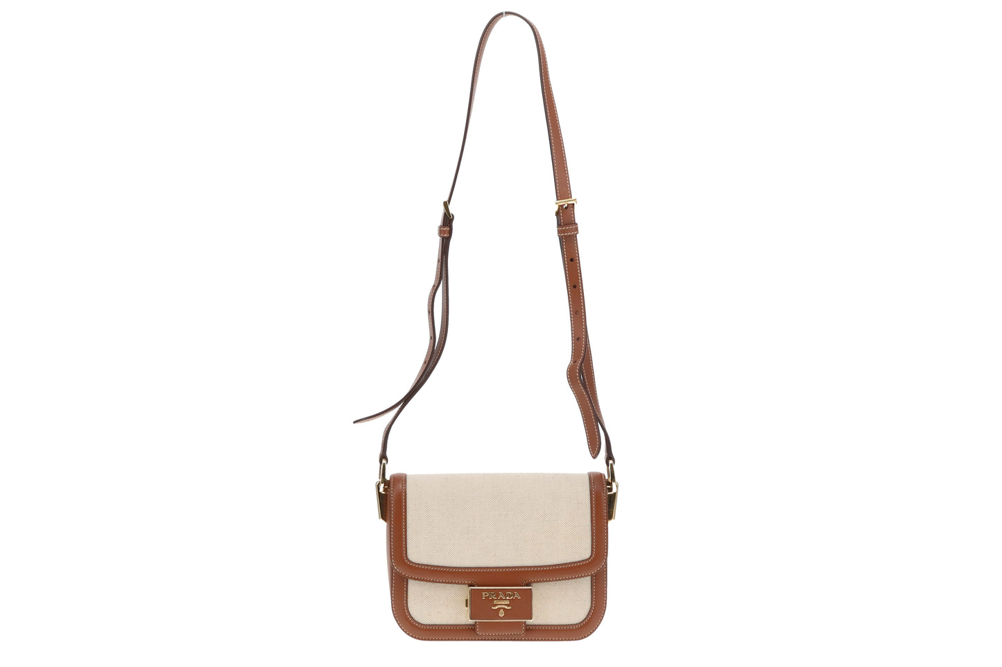 Prada Embleme Flap Bag Brown Leather and Linen