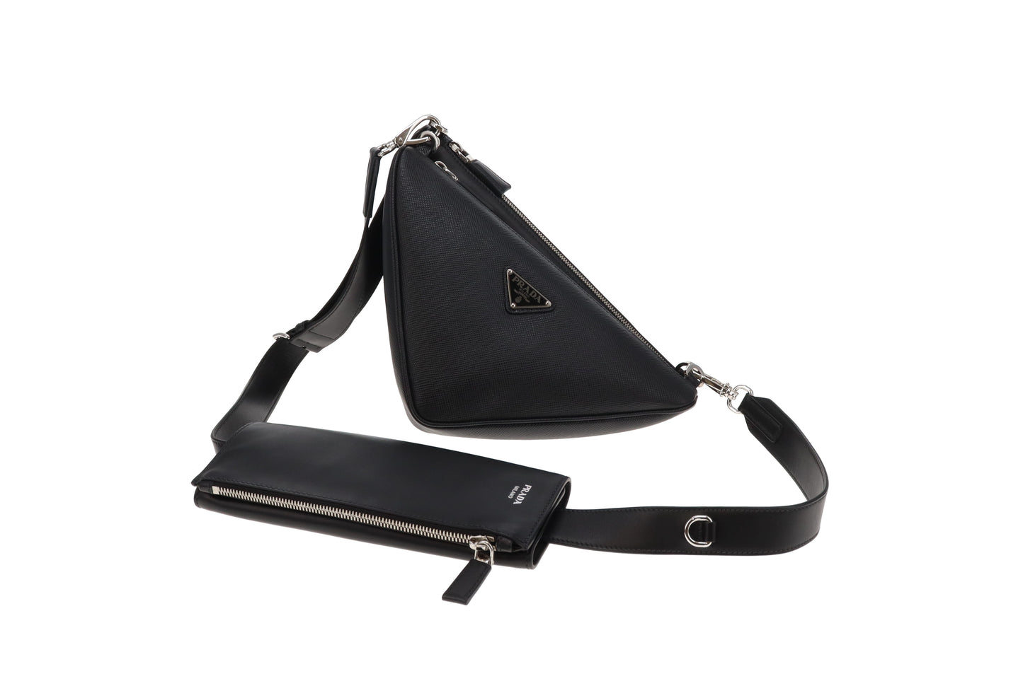Prada Black Saffiano and Vitello Leather Triangle Double Messenger