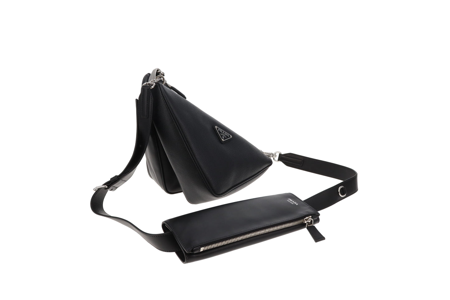 Prada Black Saffiano and Vitello Leather Triangle Double Messenger