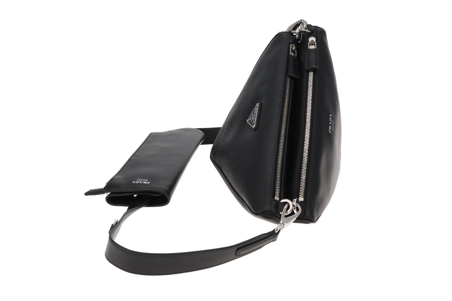 Prada Black Saffiano and Vitello Leather Triangle Double Messenger