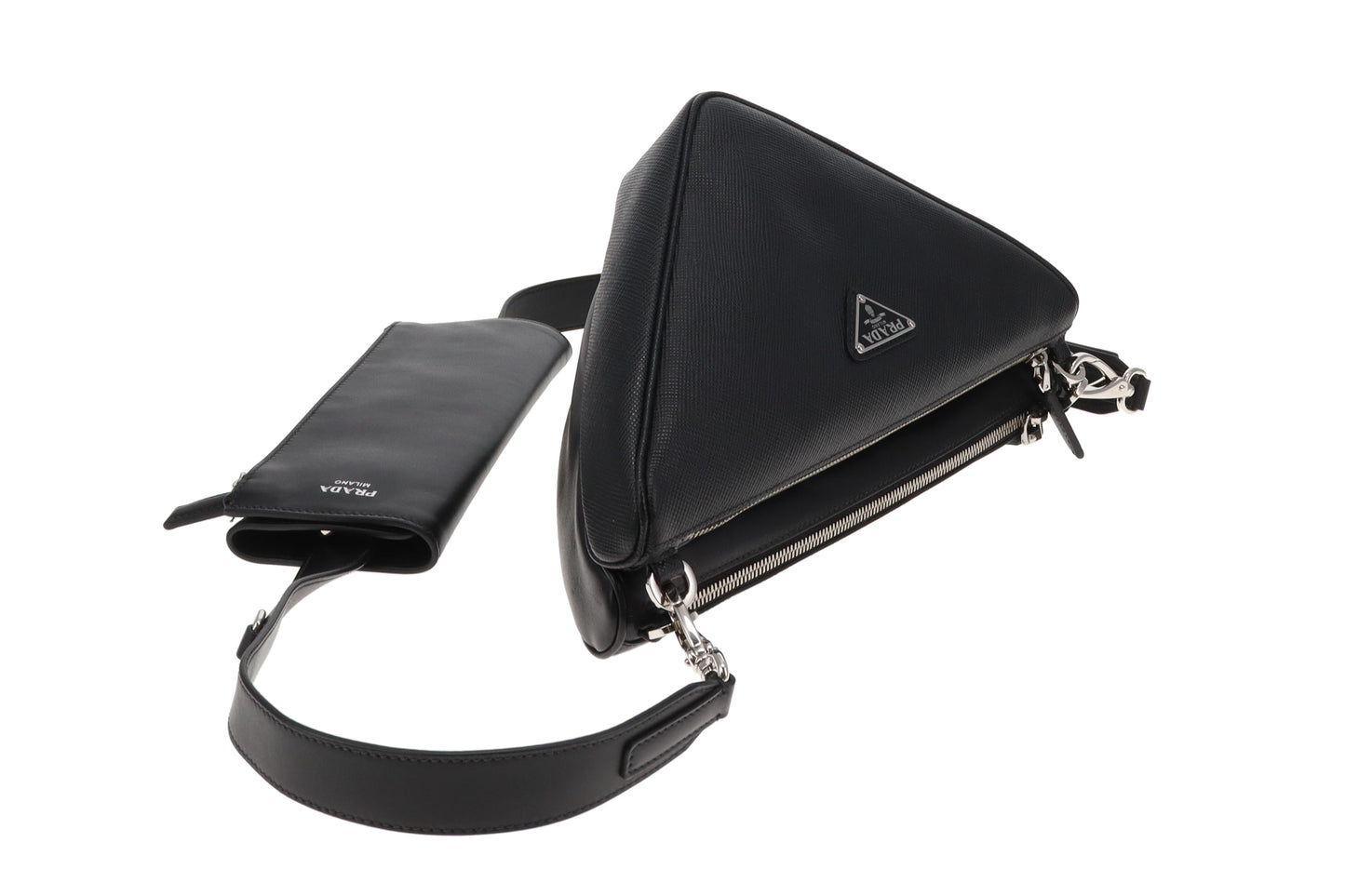 Prada Black Saffiano and Vitello Leather Triangle Double Messenger