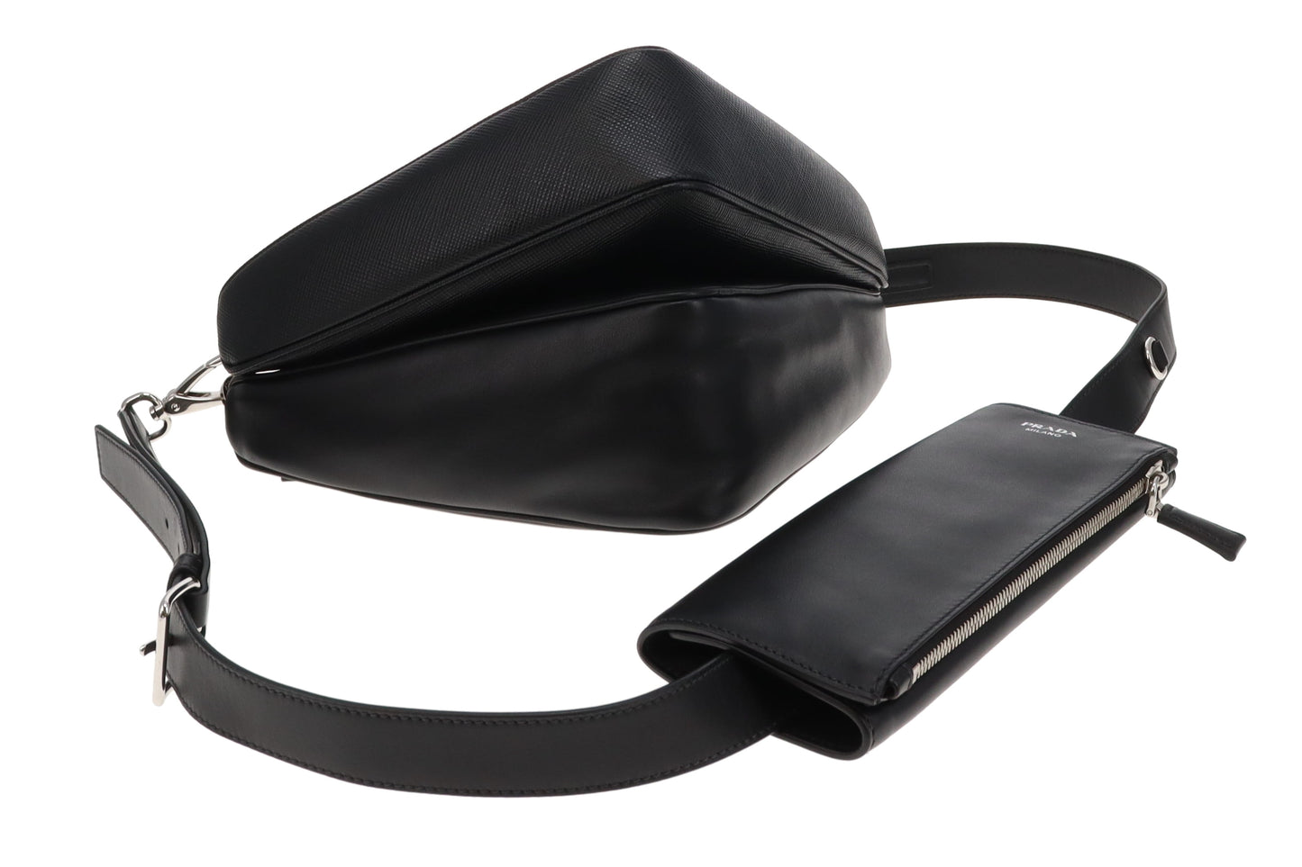 Prada Black Saffiano and Vitello Leather Triangle Double Messenger