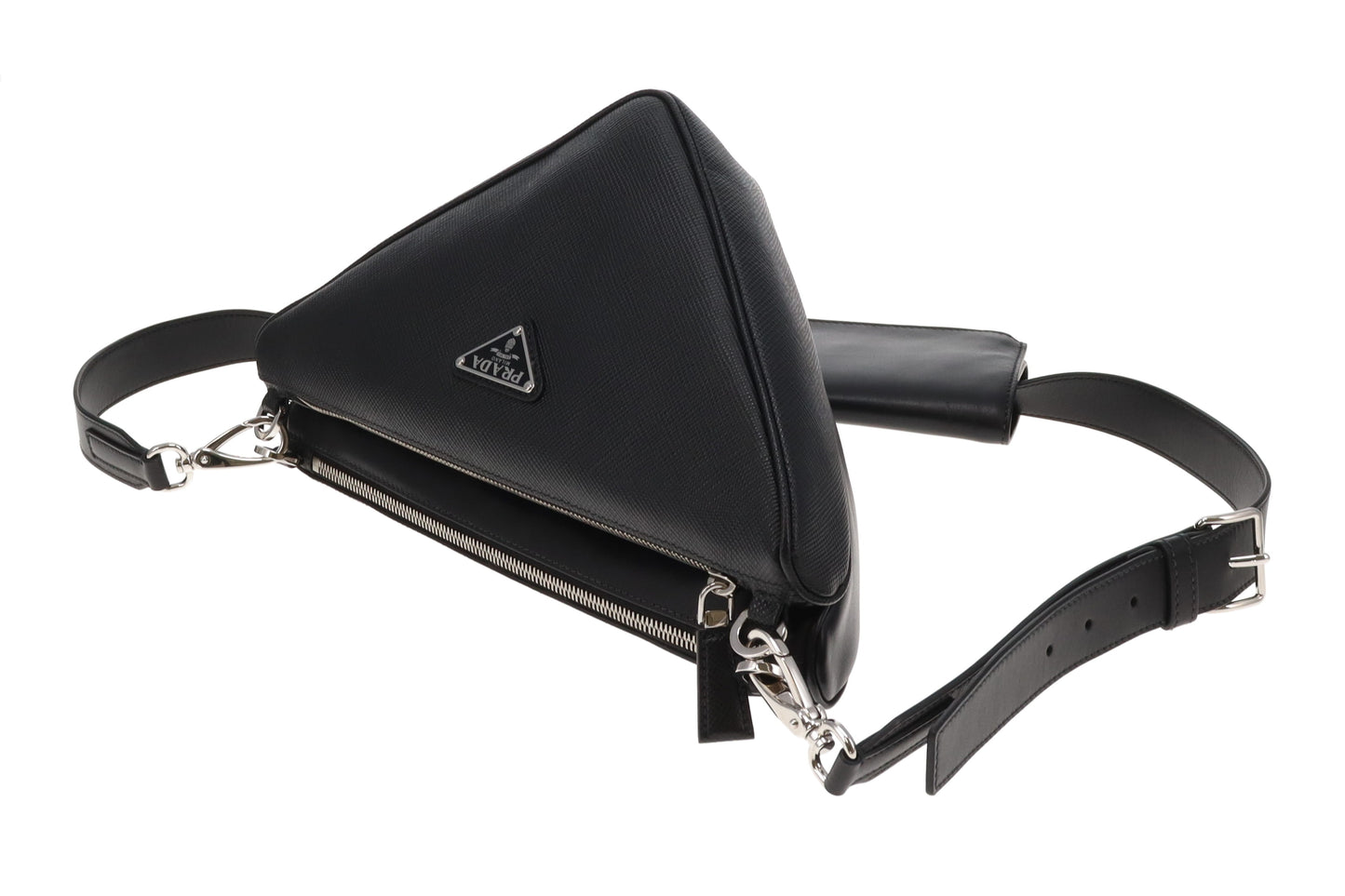 Prada Black Saffiano and Vitello Leather Triangle Double Messenger