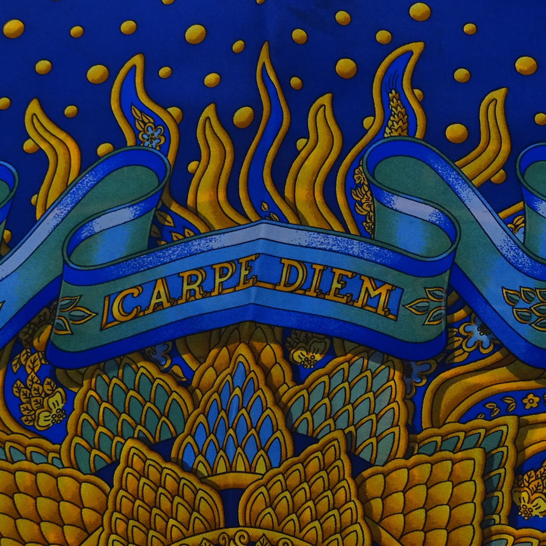 Hemres 100% Silk Blue and Gold 90x90cm Carpe Diem Scarf