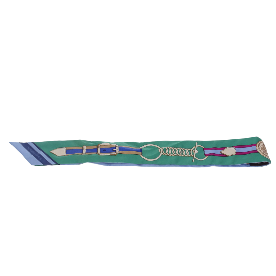 Hermes Blue/Gree 100% Silk Grand Tralala Twilly