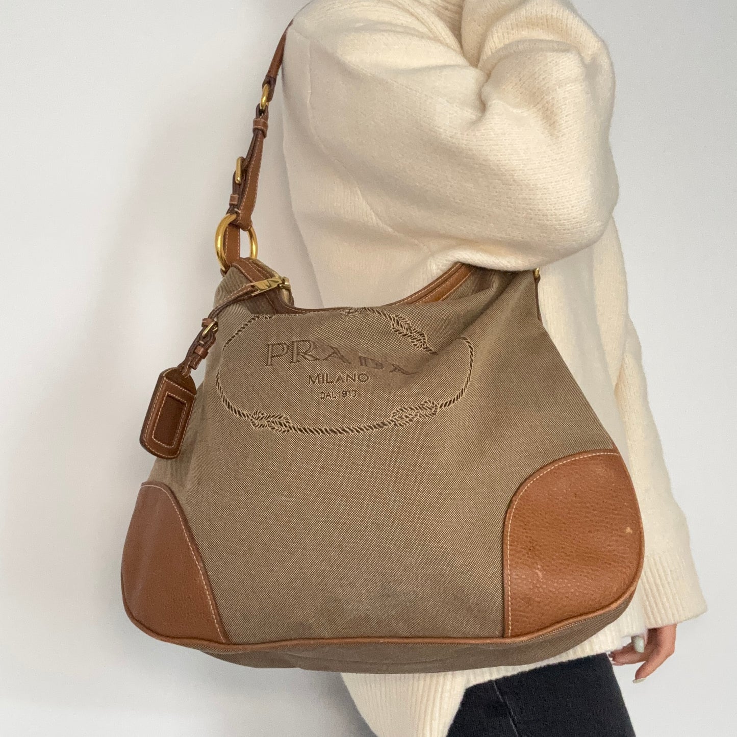 Prada Logo Shoulder Bag Khaki Canvas and Tan Leather