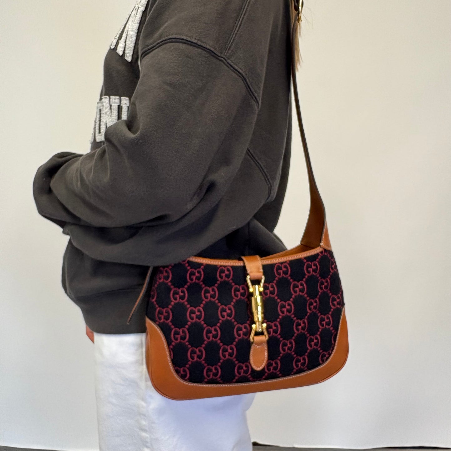 Gucci Jackie Medium Tan Leather and Navy and Red GG Wool