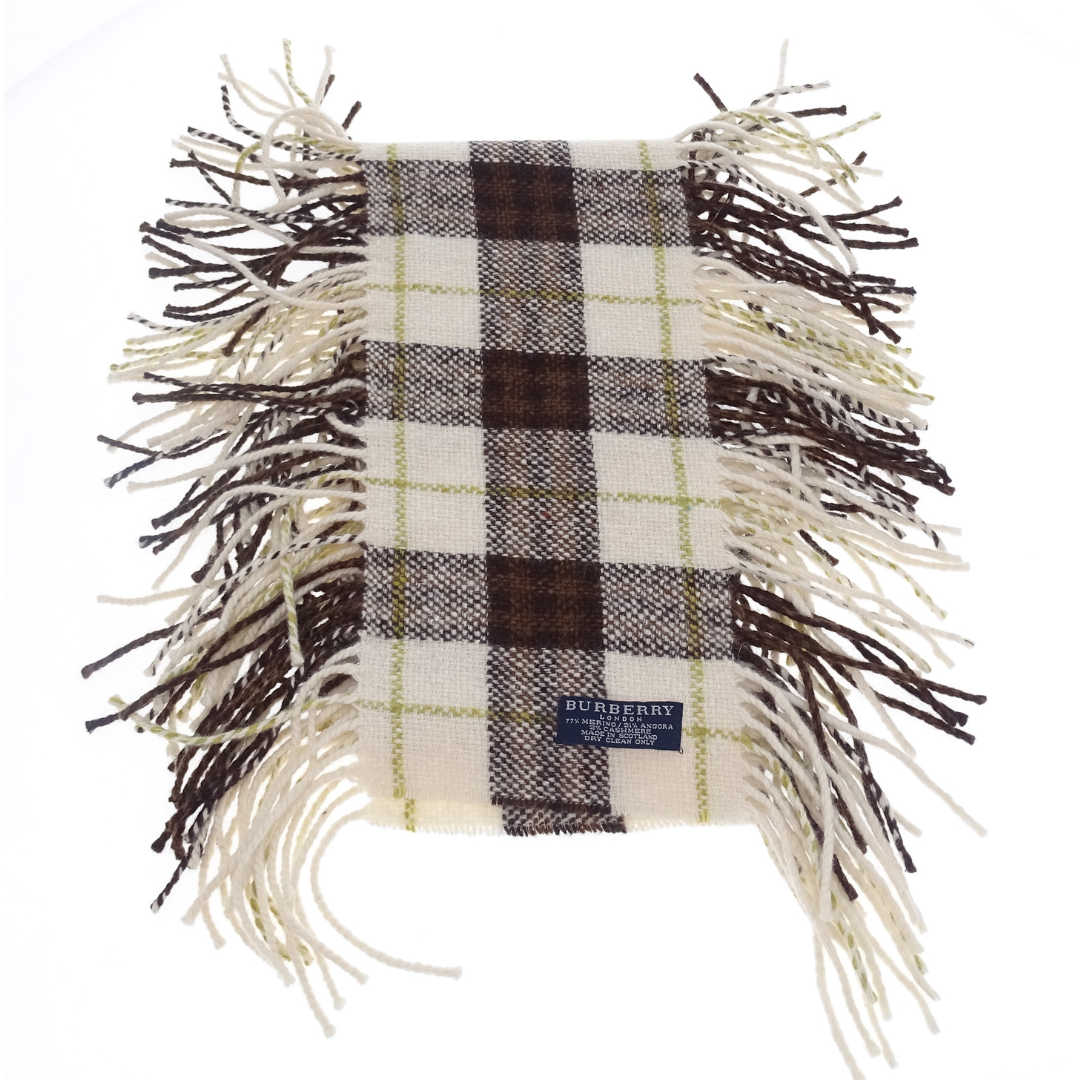 Burberry Vintage Beige and Brown Check Merino/Angora Fringe Edged Scarf