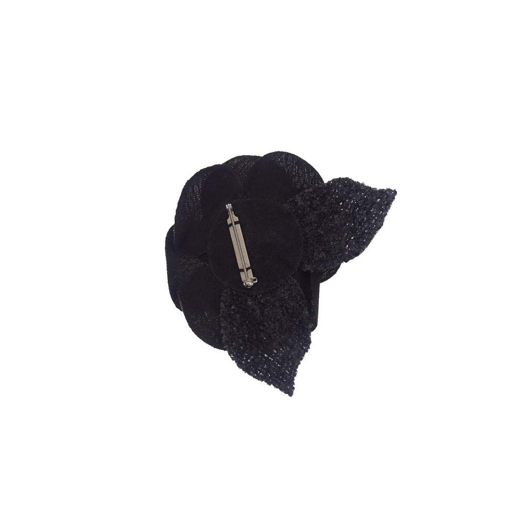 Chanel Black Satin and Tweed Camellia Brooch