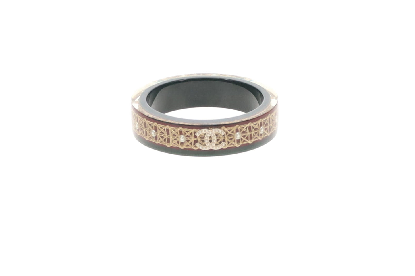 Chanel Resin Bangle In Dark Green & CC Costume Pearl Detail 2015