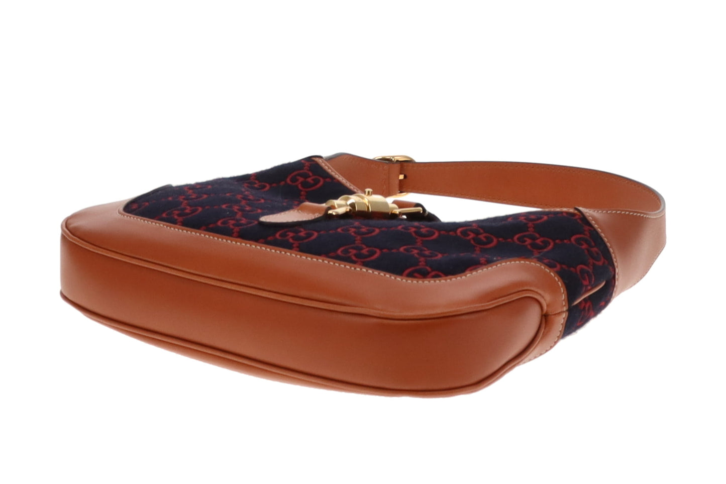 Gucci Jackie Medium Tan Leather and Navy and Red GG Wool