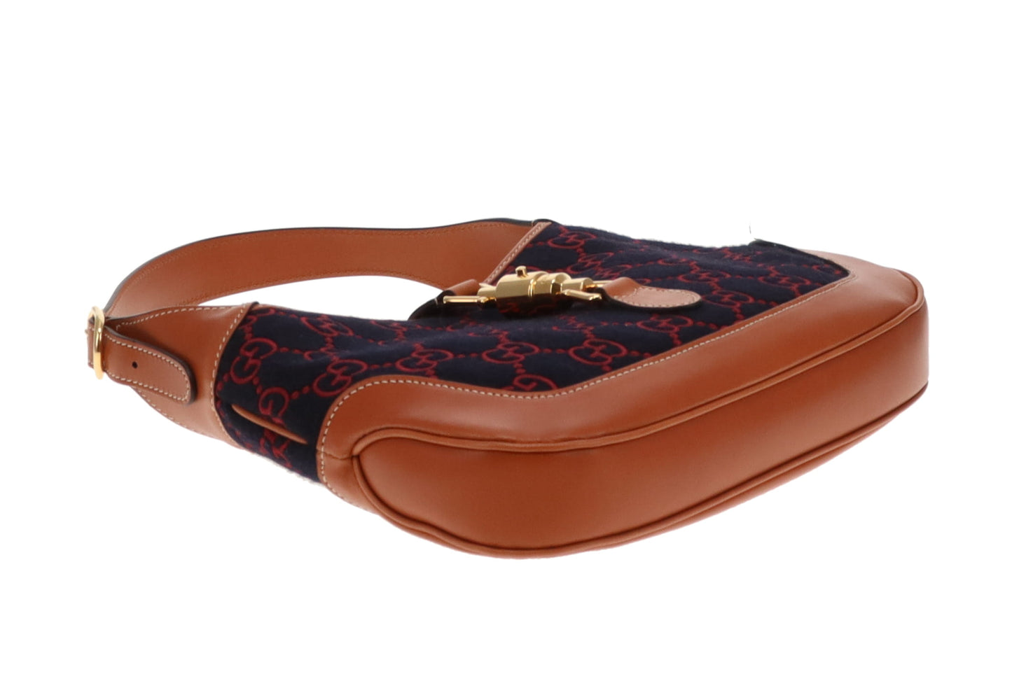 Gucci Jackie Medium Tan Leather and Navy and Red GG Wool