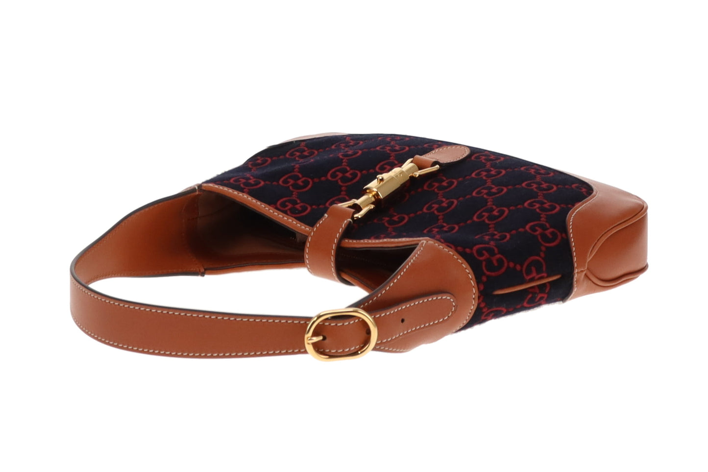 Gucci Jackie Medium Tan Leather and Navy and Red GG Wool
