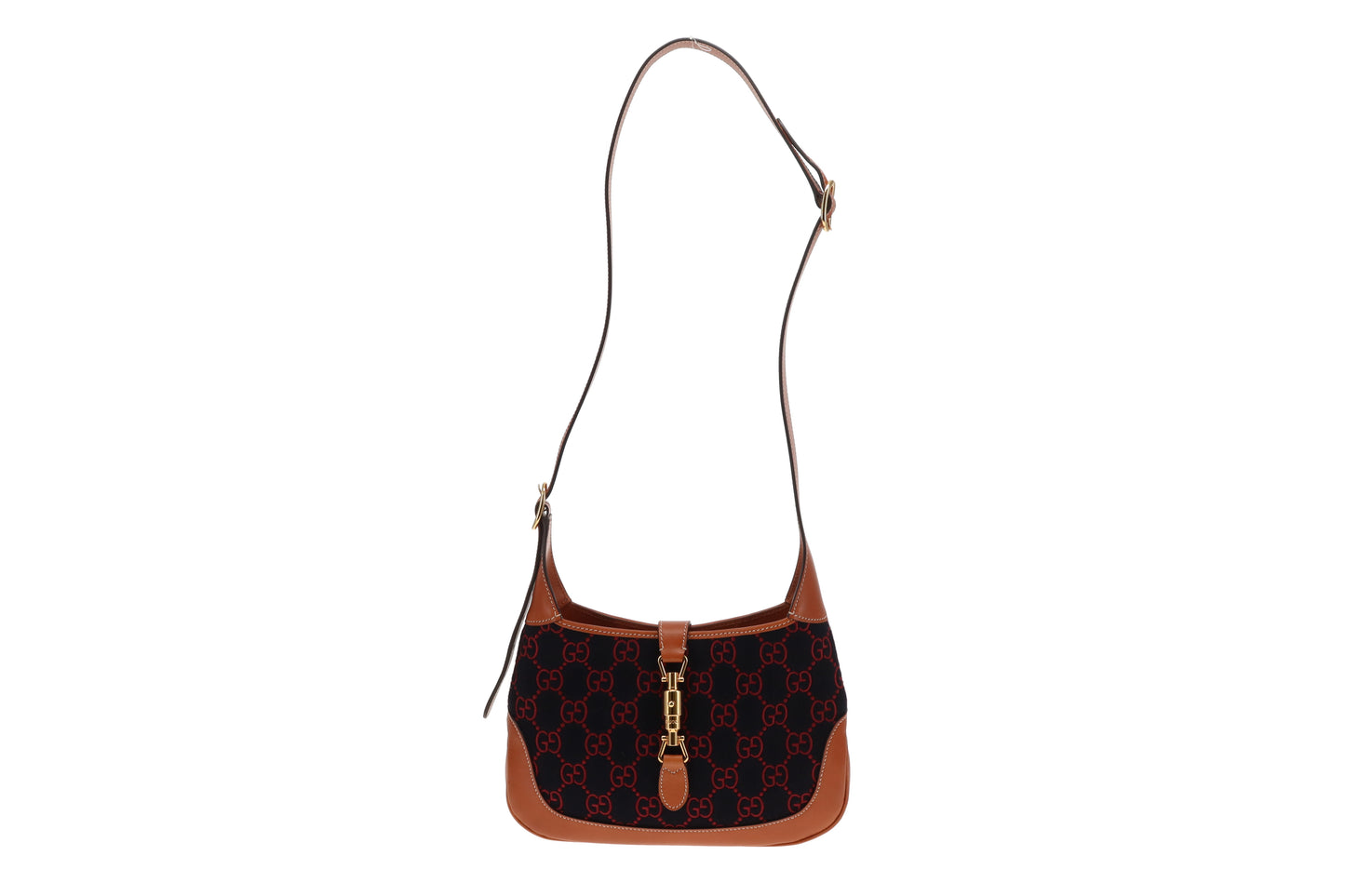 Gucci Jackie Medium Tan Leather and Navy and Red GG Wool