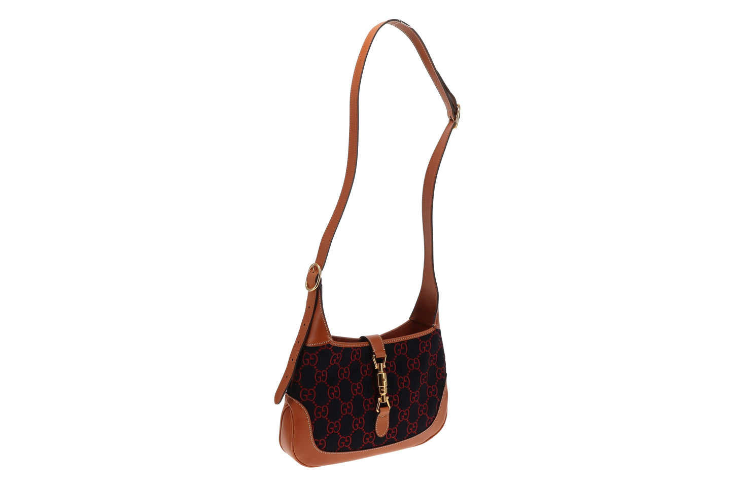 Gucci Jackie Medium Tan Leather and Navy and Red GG Wool