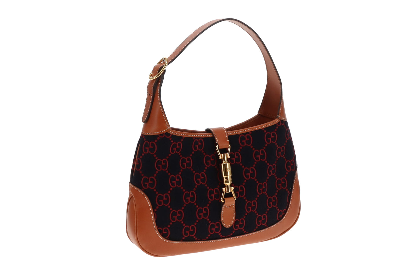 Gucci Jackie Medium Tan Leather and Navy and Red GG Wool