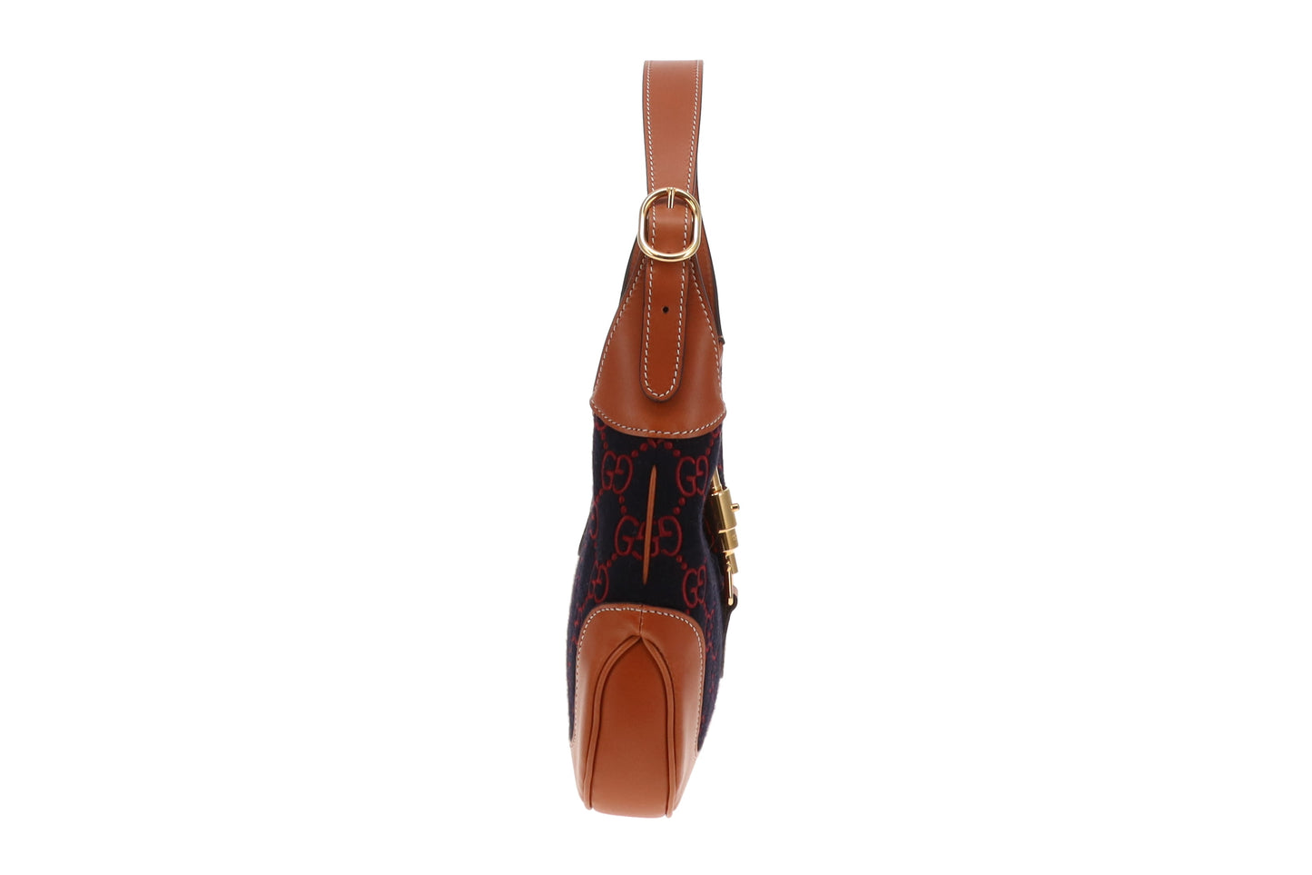 Gucci Jackie Medium Tan Leather and Navy and Red GG Wool