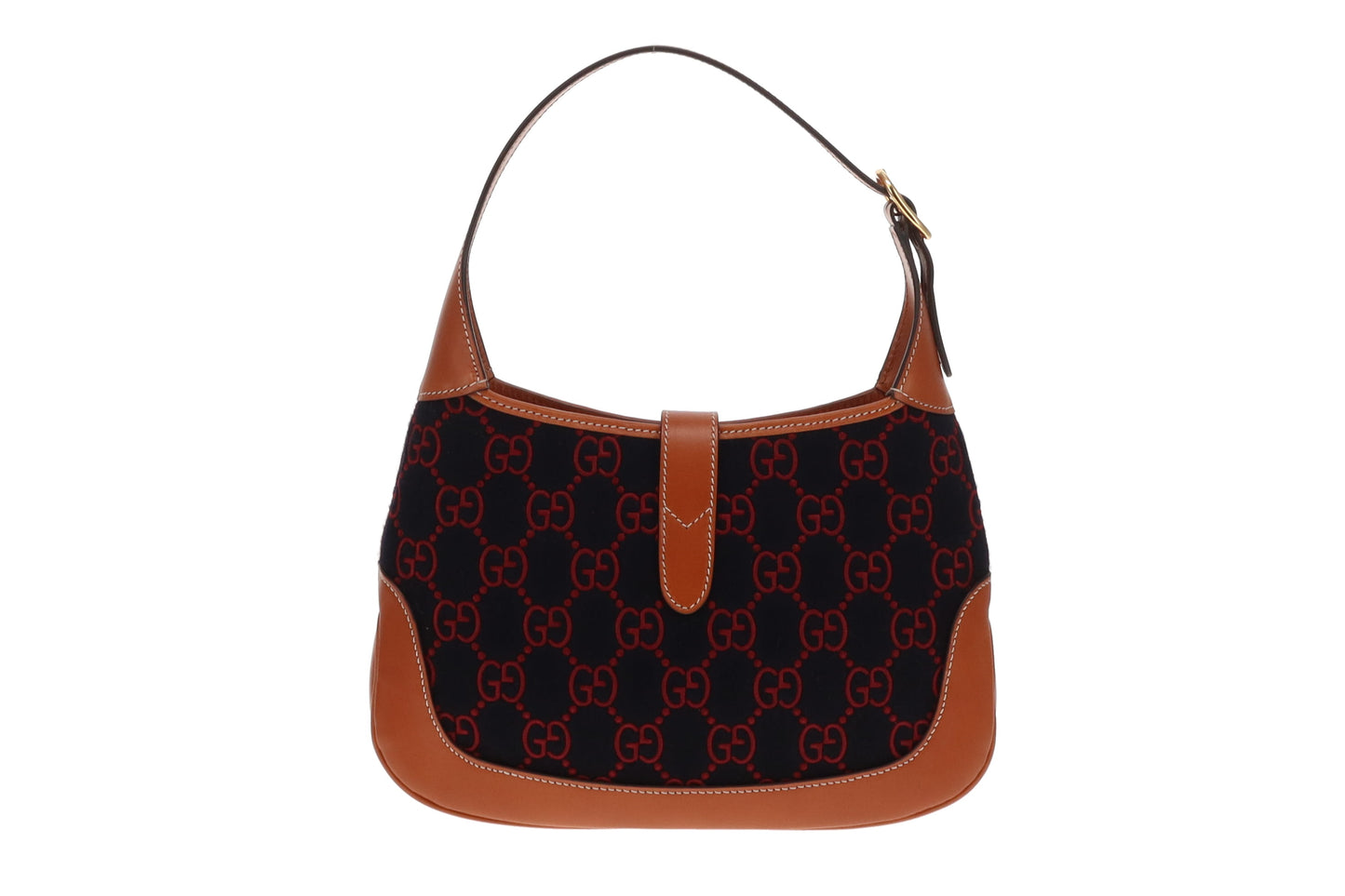 Gucci Jackie Medium Tan Leather and Navy and Red GG Wool