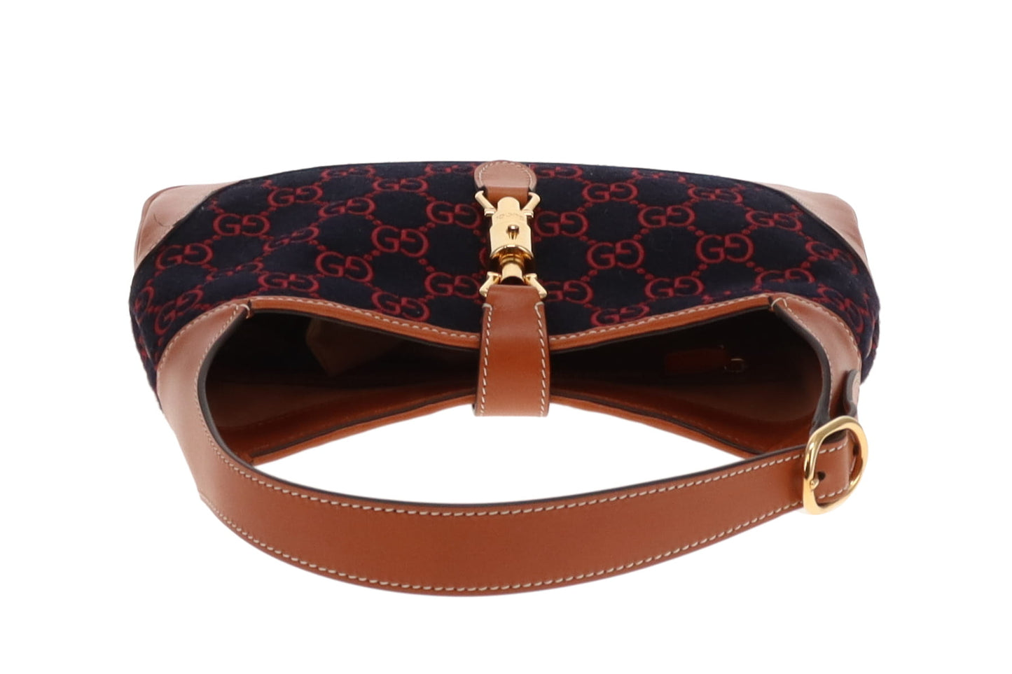 Gucci Jackie Medium Tan Leather and Navy and Red GG Wool