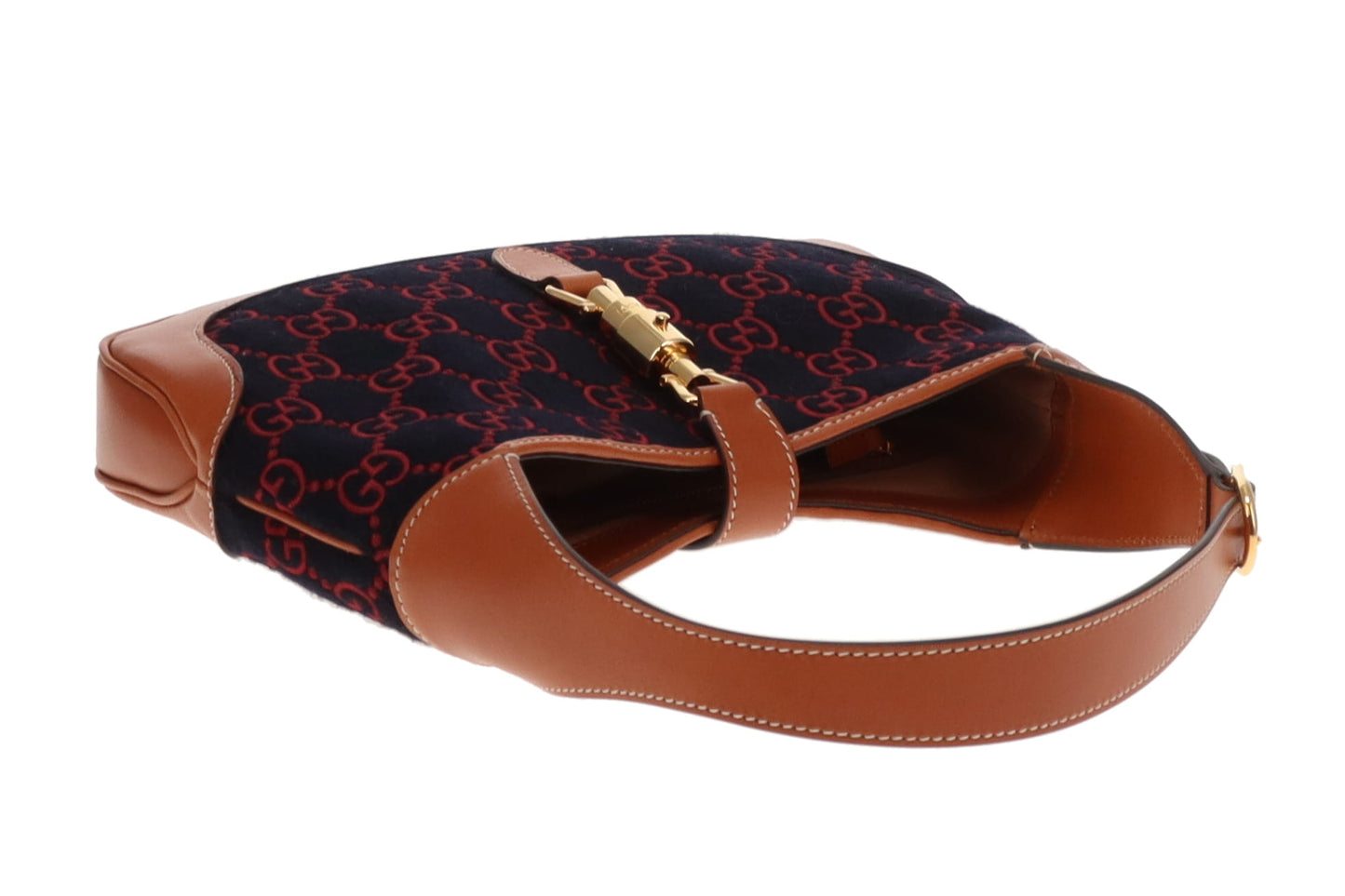 Gucci Jackie Medium Tan Leather and Navy and Red GG Wool