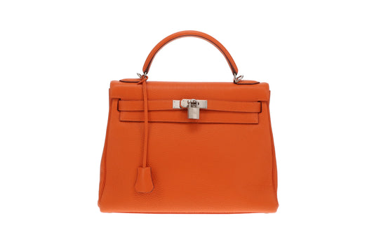 Hermes Kelly 32 Orange H Togo Leather Brushed Palladium Hardware (2001)