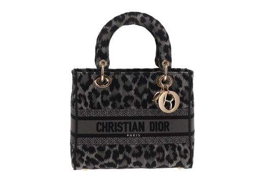Dior Lady Dior Grey/Black Leopard Mizza Embroidered Canvas Medium D-Lite 2021