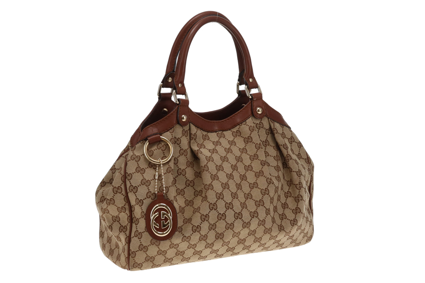 Gucci Sukey GG Canvas Tote With Brown Leather Trim Vintage