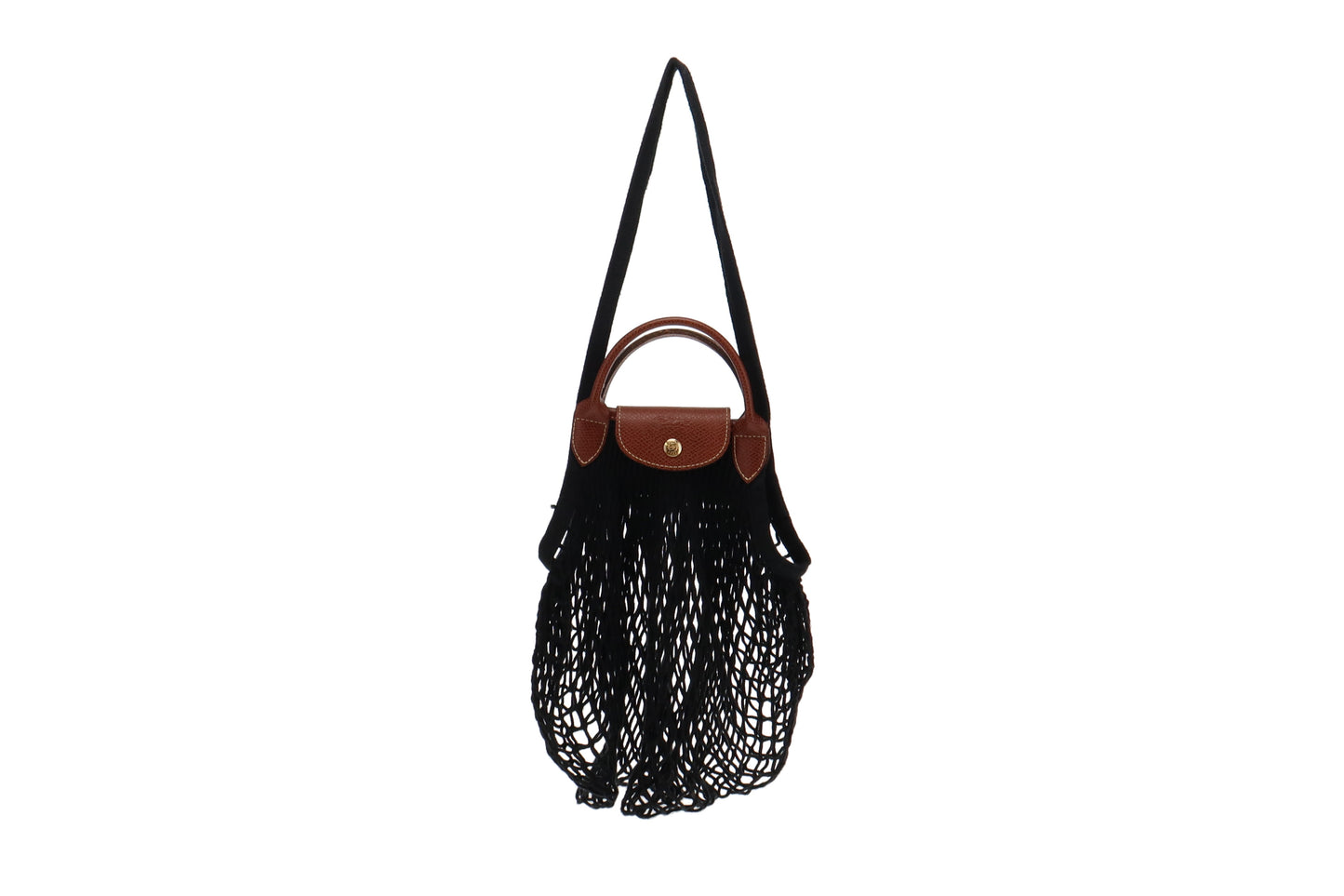 Longchamp Le Pliage Filet Black And Cognac