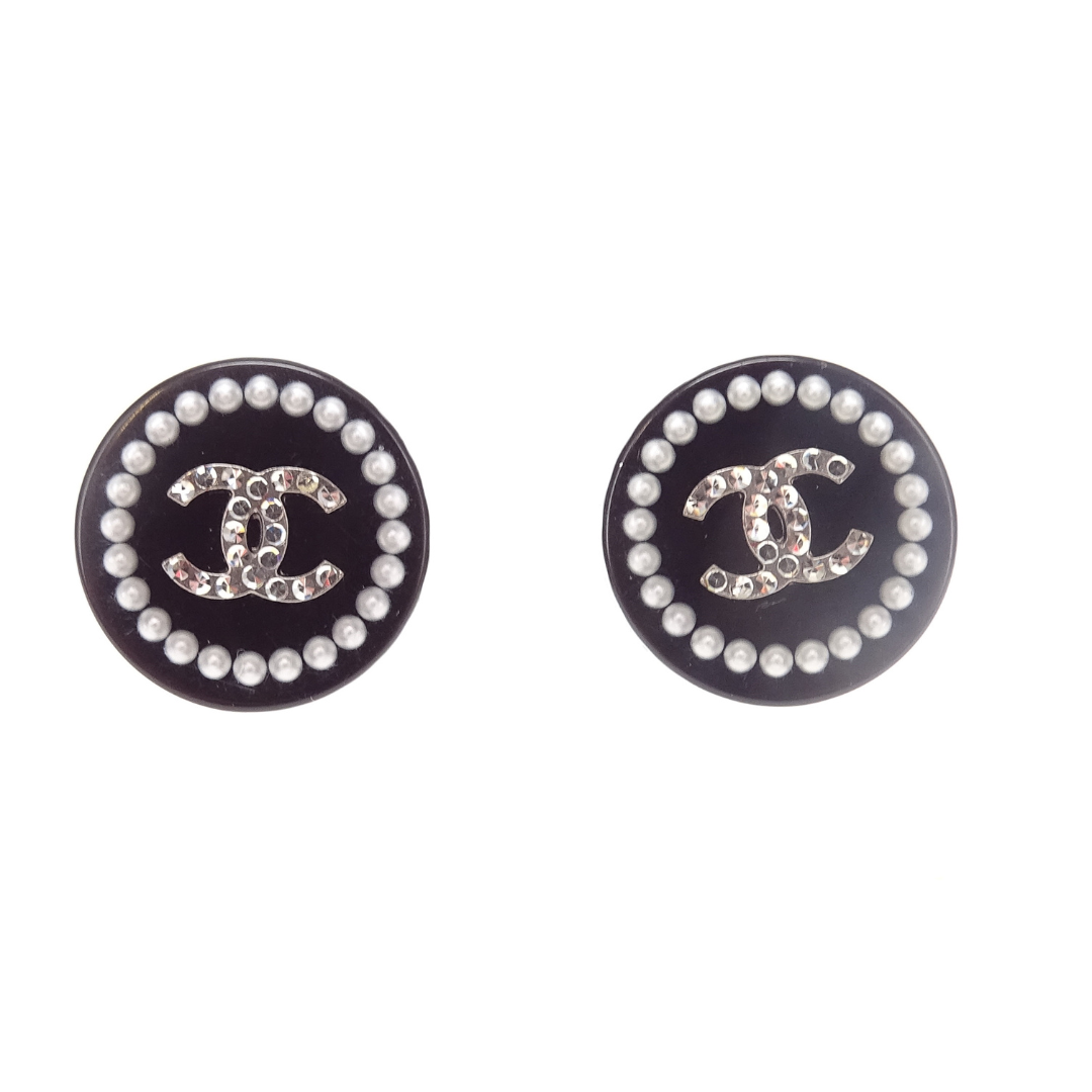 Chanel Black Resin & CC Pearl & Strass Round Earrings 2014