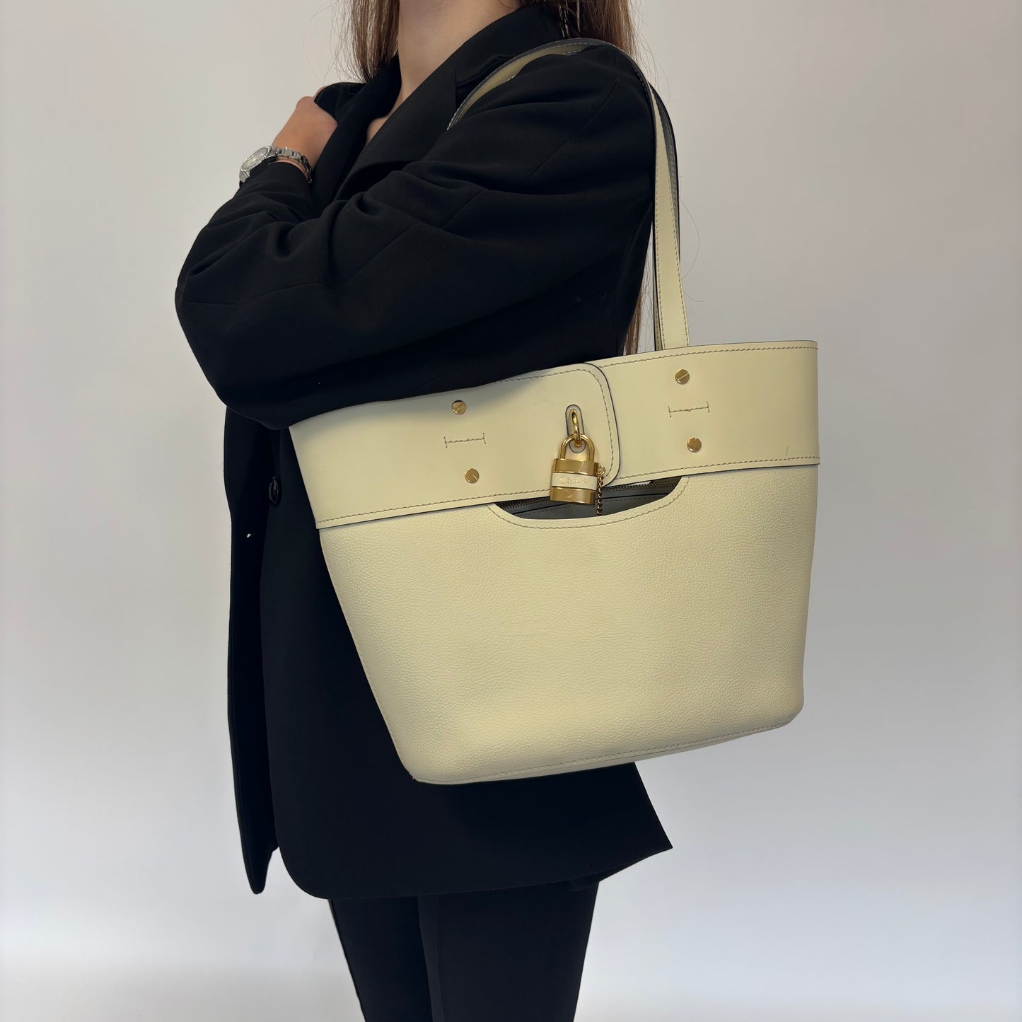 Chloe Cream Smooth and Grained Leather Medium Aby Tote