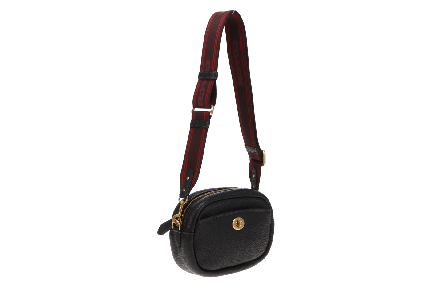Coach Camera Bag Black Pebble Leather with Logo Strap