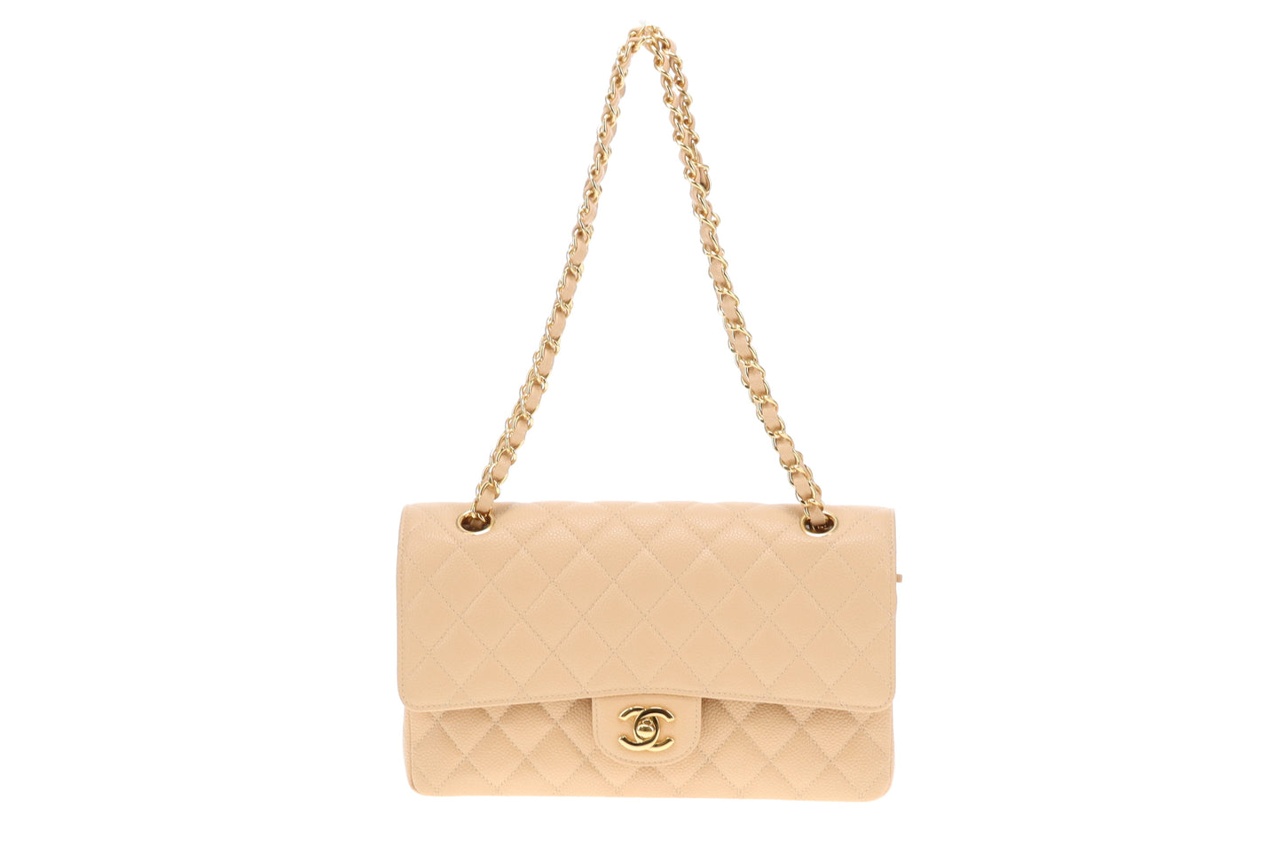 Chanel Classic Double Flap Medium Beige Caviar With Gold Hardware
