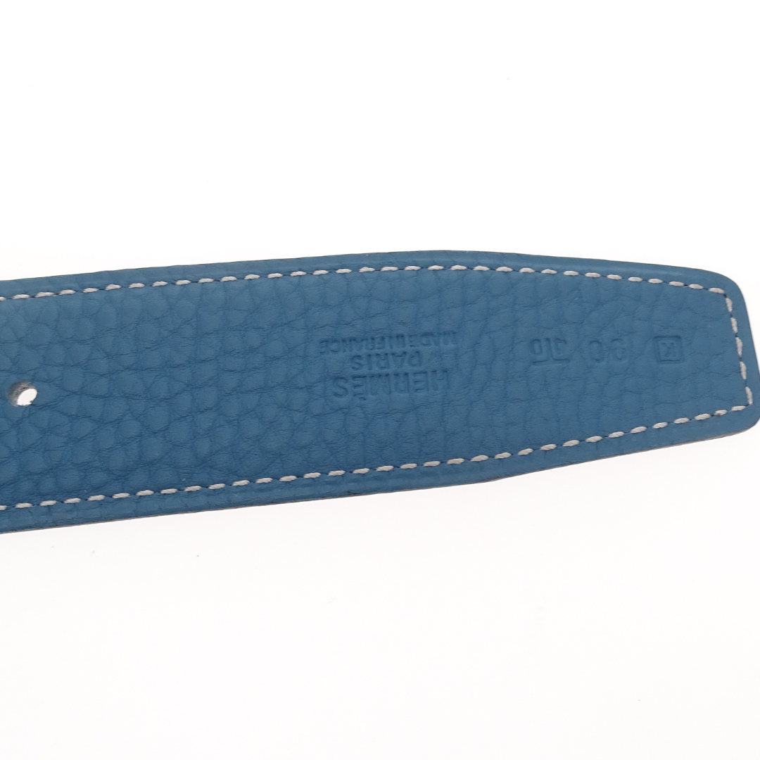 Hermes Clemence & Swift Reversible Belt In Bleu Jean & Black 90cm 2007 (No Buckle)