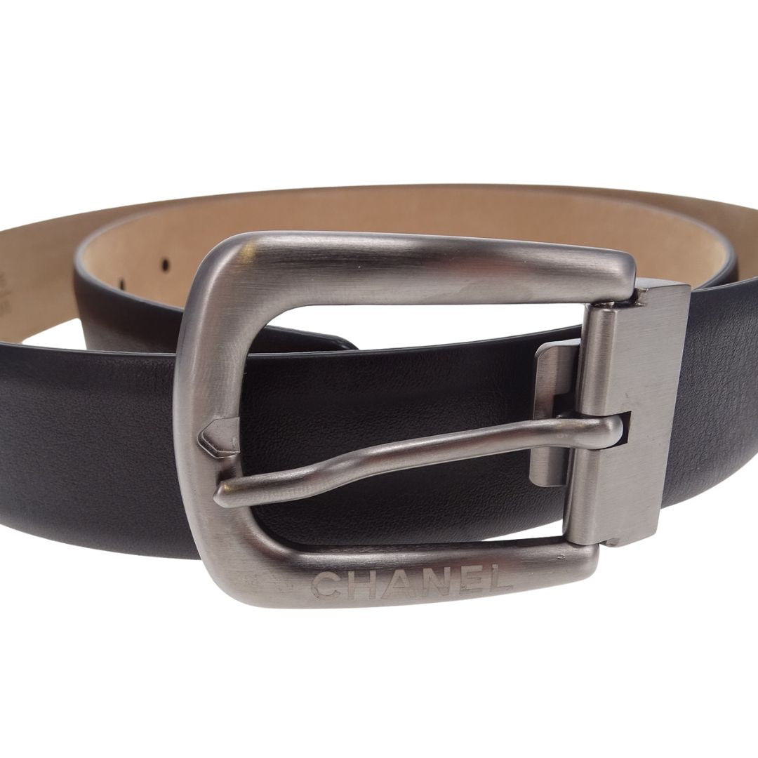 Chanel Belt Black Leather With Brushed Metal Buckle 95cm