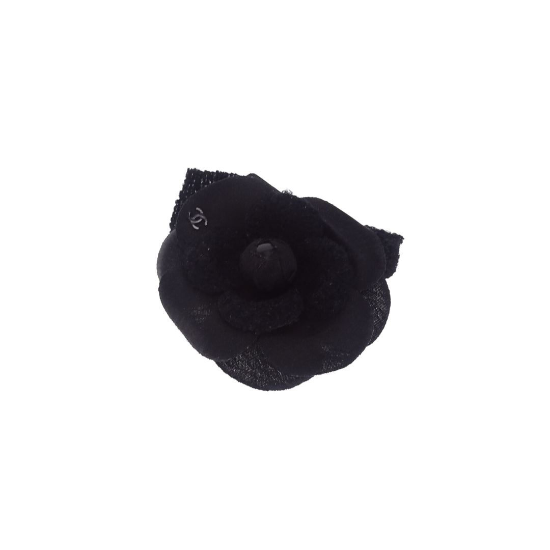 Chanel Black Satin and Tweed Camellia Brooch