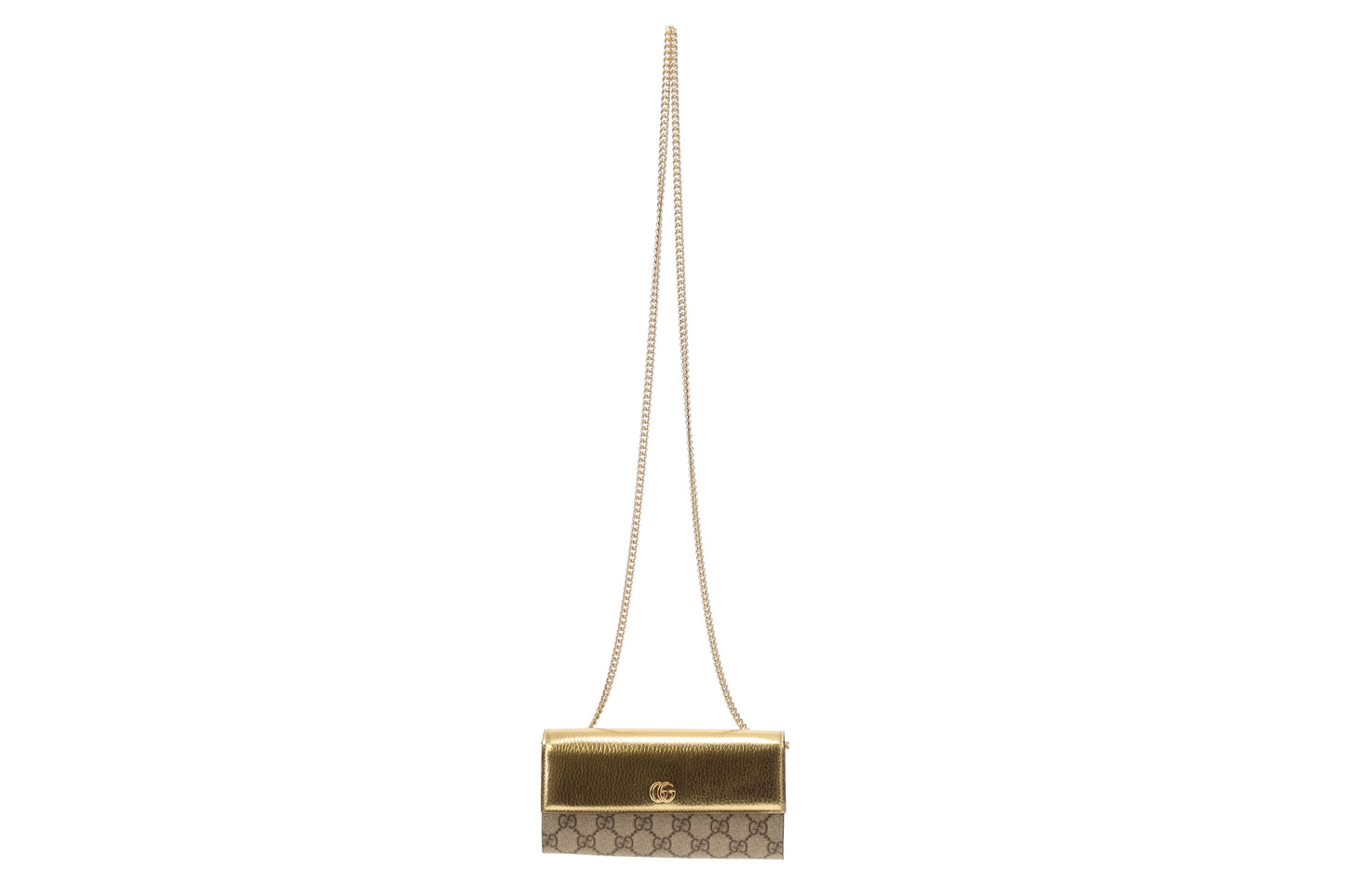 Gucci Marmont Wallet on Chain Gold Leather and GG Supreme