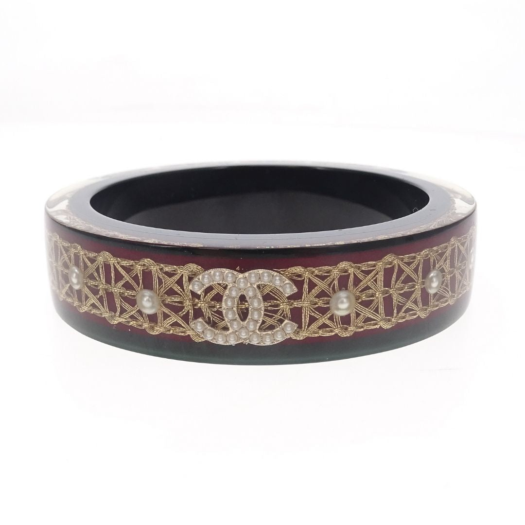 Chanel Resin Bangle In Dark Green & CC Costume Pearl Detail 2015