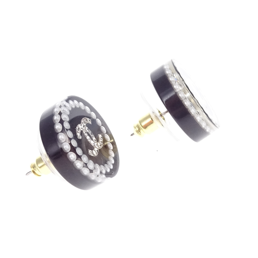 Chanel Black Resin & CC Pearl & Strass Round Earrings 2014