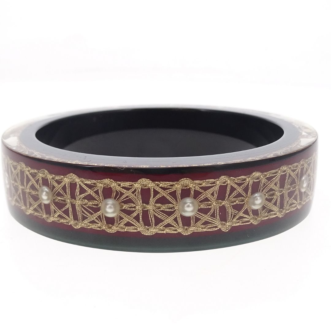 Chanel Resin Bangle In Dark Green & CC Costume Pearl Detail 2015