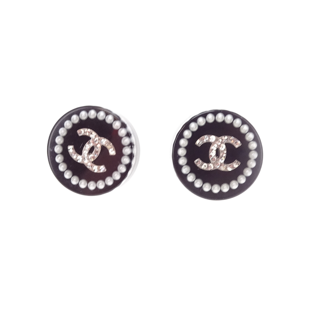 Chanel Black Resin & CC Pearl & Strass Round Earrings 2014