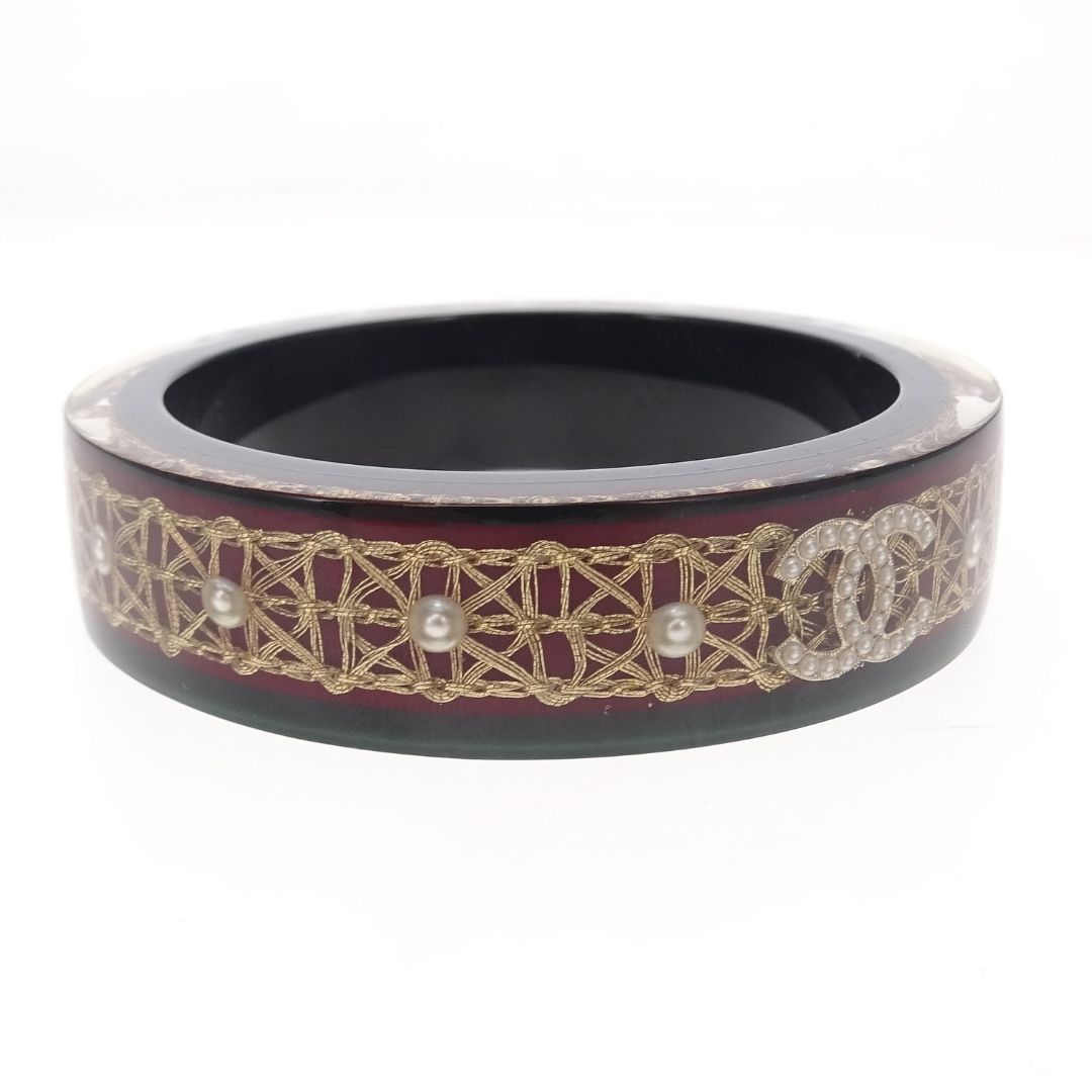 Chanel Resin Bangle In Dark Green & CC Costume Pearl Detail 2015