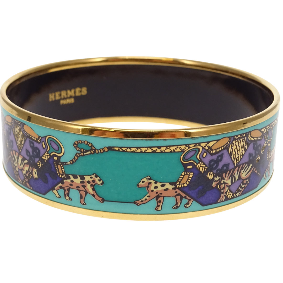 Hermes Bangle Teal Leopard Enamel Gold Plated