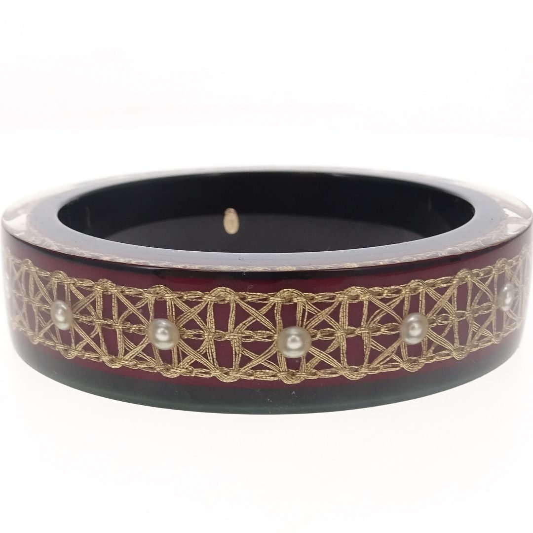 Chanel Resin Bangle In Dark Green & CC Costume Pearl Detail 2015