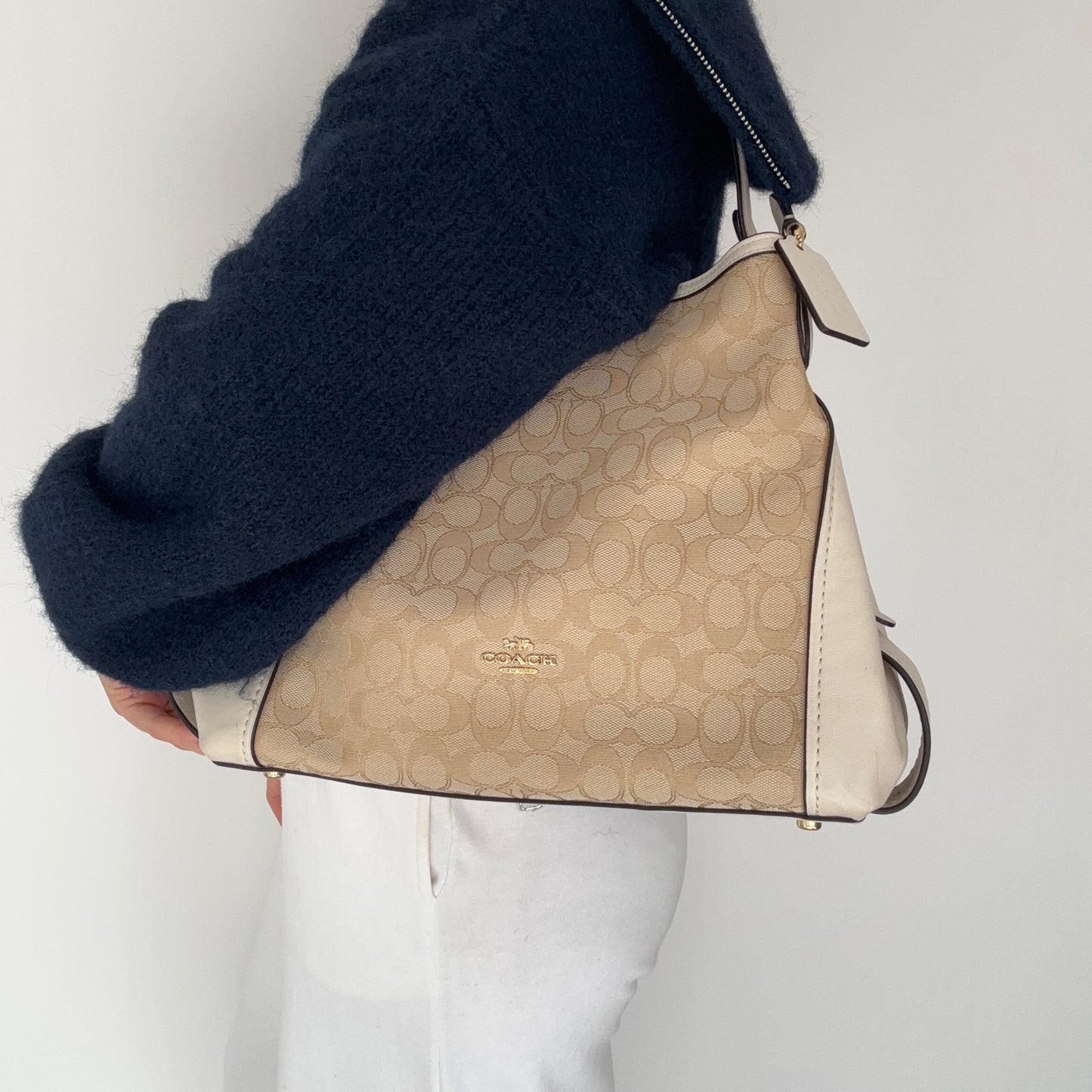 Coach Edie Shoulder Bag Beige Signature and Cream Canvas
