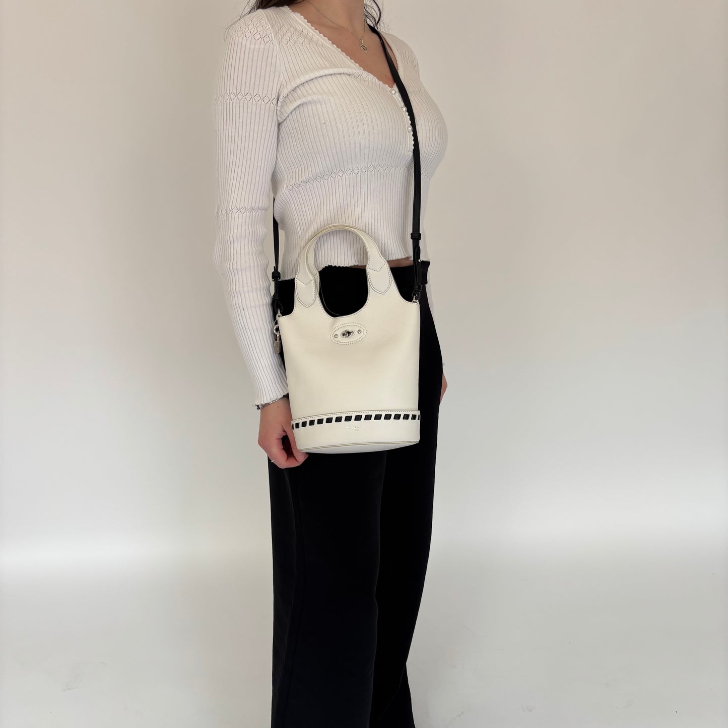 Mulberry Lily White with Contrast Black Detailing Bucket Bag