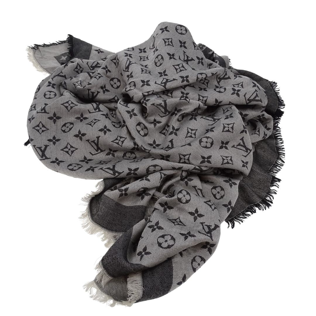 Louis Vuitton Shawl Monogram Silk & Wool Black & Silver