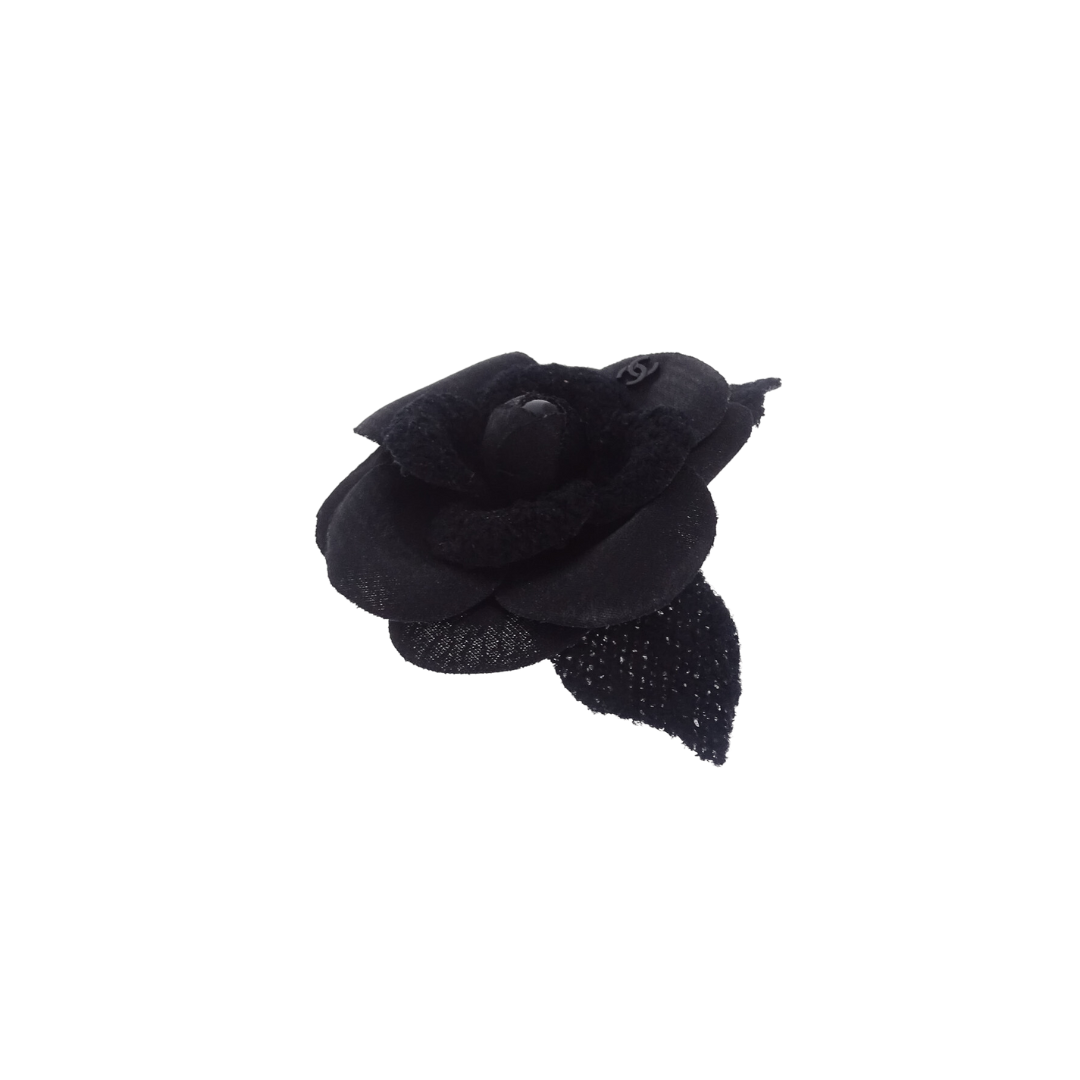 Chanel Black Satin and Tweed Camellia Brooch